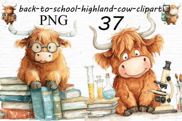 Back to School Highland Cow Clipart PNG