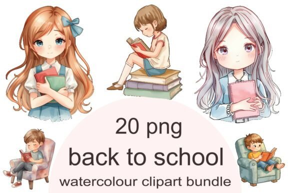 Watercolor Back to School Girls Clipart